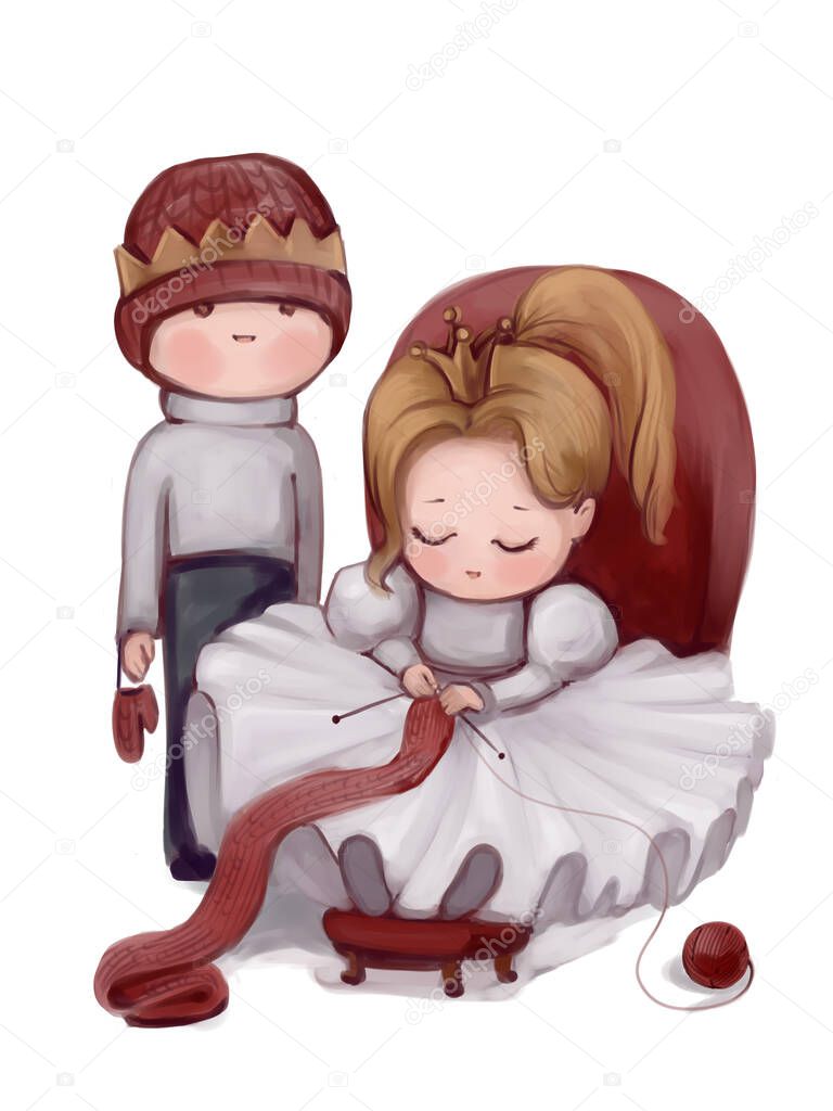 Hand drawn   prince and princess on the white background