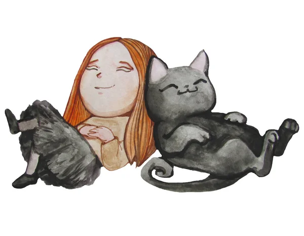 Suluboya küçük kız ve siyah kedi iyice dinlenin.