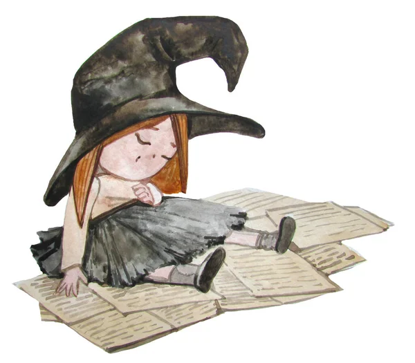 Watercolor Little Witch Asleep While Reading — Stock Photo, Image