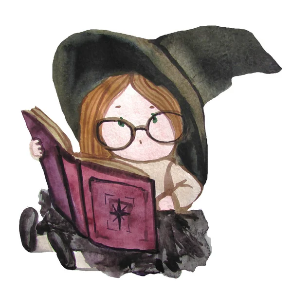 Акварель Маленькая Ведьма Читающая Книгу — стоковое фото