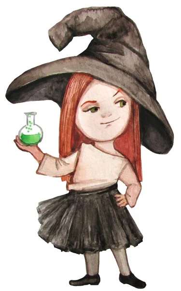 Акварель Маленькая Ведьма Волшебной Бутылкой — стоковое фото