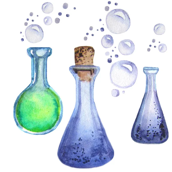 Watercolor Drawing Wizard Magic Bottles — Stock Photo, Image