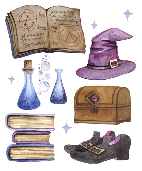 Wizard Magische Set Hoed Boeken Flessen Laarzen Doos — Stockfoto