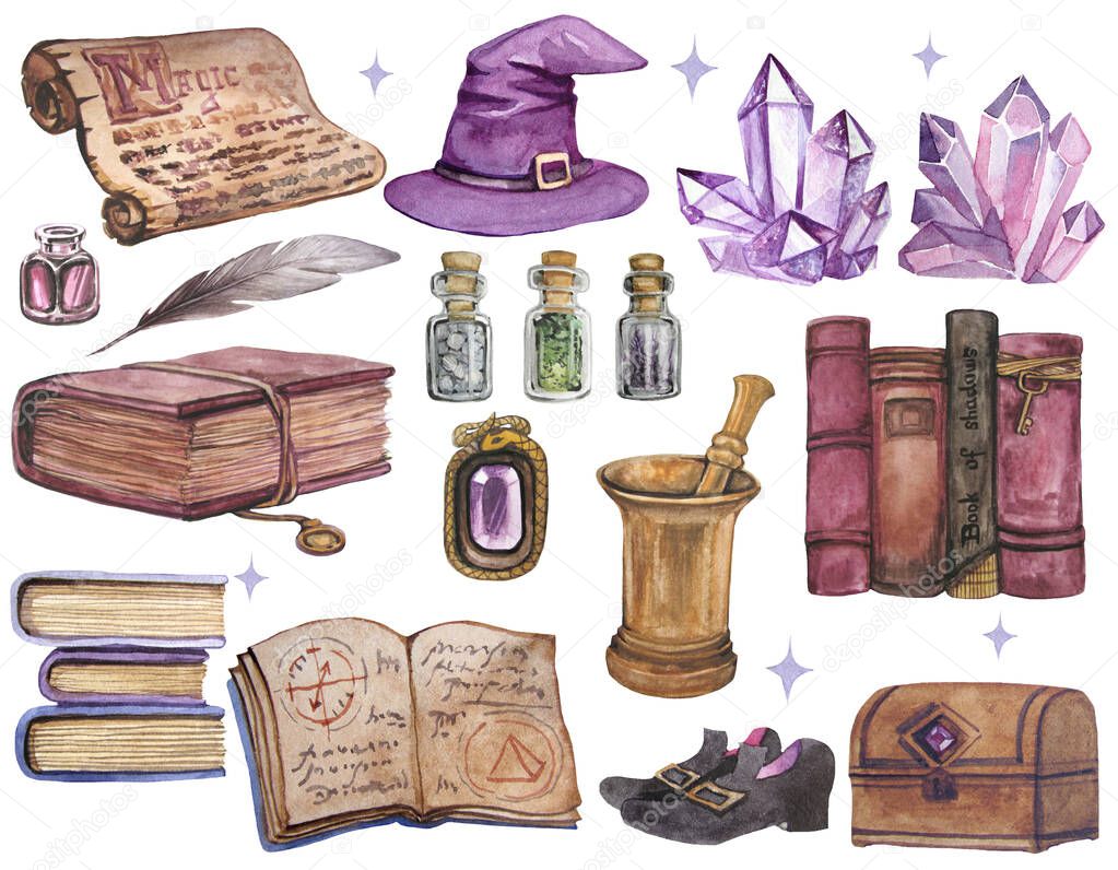 Watercolor magic books and bottles set