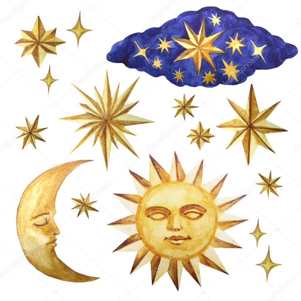 Watercolor sun, crescent and stars
