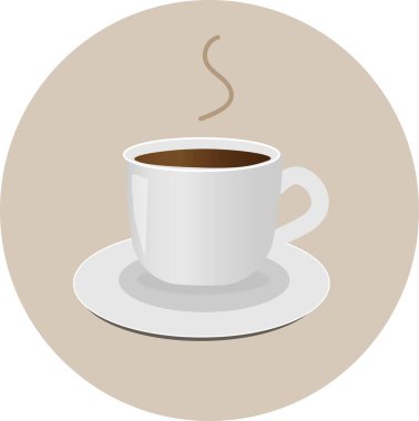 Bir fincan çay tabağında bir fincan kahve. Dumanı tüten sıcak bir içecek. Vektör illüstrasyonu.