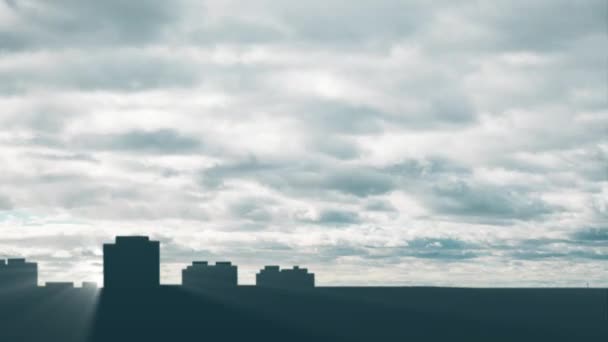 De lourds nuages gris survolent la ville. De légères stries traversent les silhouettes des bâtiments municipaux. — Video