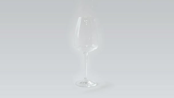 Slow motion video of a wine glass is being filled with pure water. Light background and soft shadows. — Stock Video