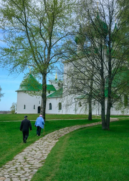 Elderly Couple Going Church Partially Obscured Trees Alongside Stoned Path — Stock Photo, Image