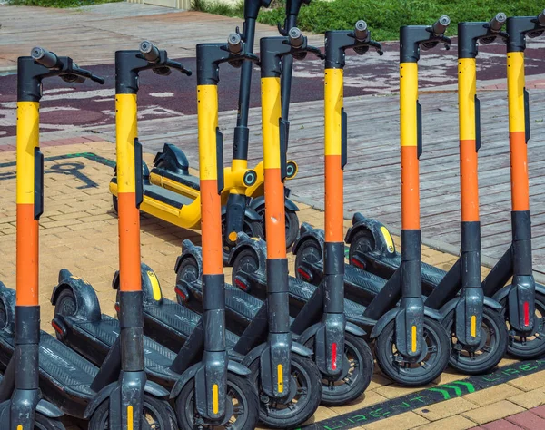 Kiralık kentsel renkli scooter 'ların yakın çekimleri sokaklarda peş peşe yapıldı. Alternatif şehir ulaşımı ve yenilenebilir enerji kavramı.