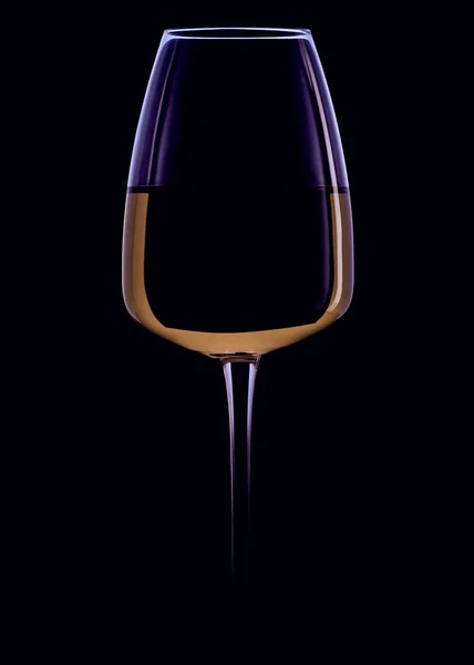 A close-up of a clean glass filled with white wine on the black background. Plain surface, reflections, no splashes. Restaurant glassware, serve, romance, passion, love.