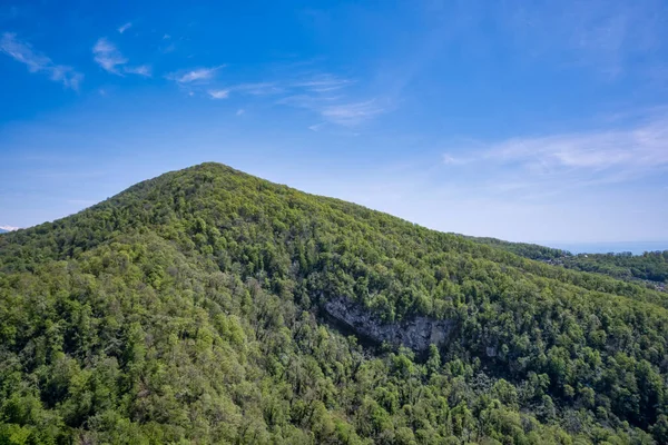 Arka planda, yemyeşil bitkilerle kaplı bir dağ manzarası ve Karadeniz kıyısında bir şehir var. Rusya, Soçi şehri. Seyahat, yürüyüş, tırmanma, manzaralı yerler, manzaralar..
