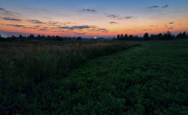 Parlak gökyüzü ve arka planda yükselen güneşin renklendirdiği bulutlarla dolu kırsal çayırlarda renkli bir güneşin doğuşu. Mavi saat, ovalarda sis, ağaçlarda ve bitkilerde çiy. Manzara görünümleri.