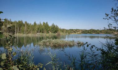 Terk edilmiş ve taşan bir taş ocağından gelen bir göl ağaçlar ve yemyeşil otlarla kaplıydı. Reed adaları tüm suya dağılmış durumda. Gündüz vakti yaz.