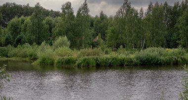 Bir nehir kıyısı, bereketli bitki örtüsü ve huş ağaçlarından sarkan evlerin çatıları fırtınalı bulutlara karşı. Kırsal akşam sahnesi deniz kenarında..