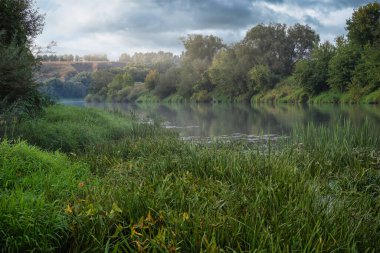 Dalgalı bulutlara karşı yemyeşil ve ağaçlarla kaplanmış bir göletin güzel kırsal manzarası. Sonbaharda kırsal manzara.