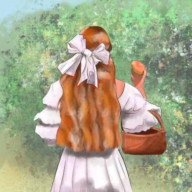 red-haired girl with a bow in a white dress with a basket and a peach in her hands on a green background hand-drawn summer sunny landscape stylization of realism rustic cover clipart