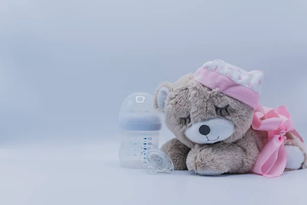 Baby Composition Teddy Bear Pink Ribbon Bottle Pacifier — Stok Foto