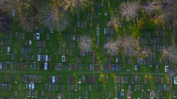 Bird eye top down drone view of an old graveyard in the woods slowly moving up — Stock video