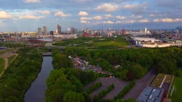 Aerial drone hyperlapse of Hackney Marshes and view of London city skyline — Stock Video