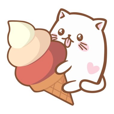 Kawaii, kocaman tatlı bir dondurmanın tadını çıkaran sevimli, beyaz bir kedinin resmi.