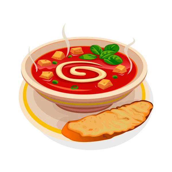 Hot, borscht, tomato puree soup, goulash, soup as, kharcho, Ratatouille, in a plate, with baguette, with bread, vector.