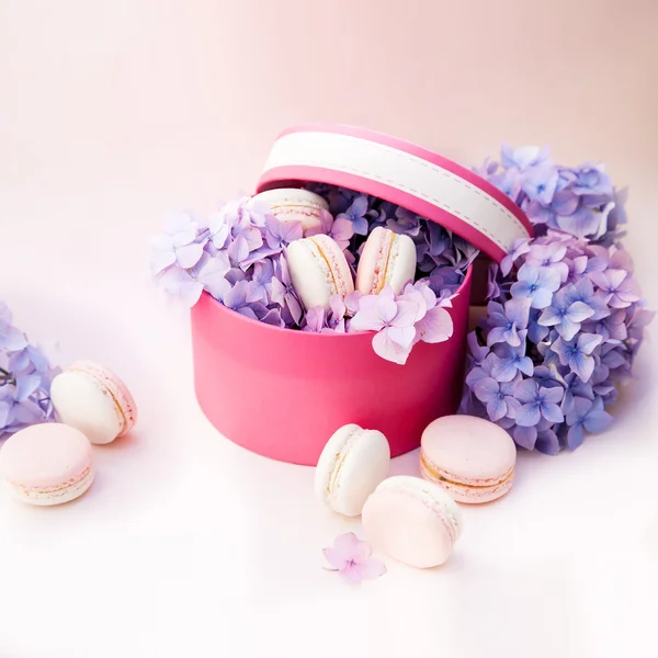 Macarons en boîte avec des fleurs — Photo