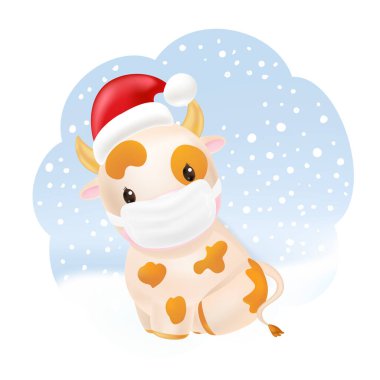 Karda oturan tıbbi maskeli şirin bir boğa. 2021 sembolü.