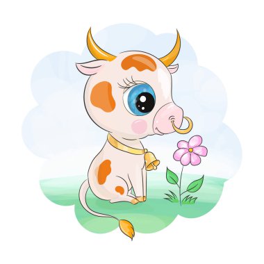 Güzel bir arka planda çiçekli şirin bir boğa.