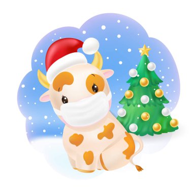 Karda oturan tıbbi maskeli şirin bir boğa. 2021 sembolü.