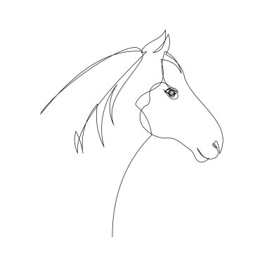 Beyaz arka planda izole edilmiş düzenlenebilir bir felce sahip at kafası soyut sürekli çizgi tarzı. Vektör illüstrasyonu.