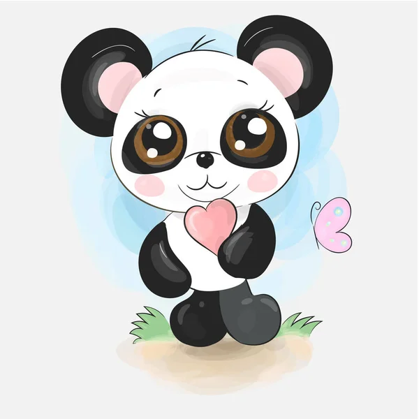 Personagem Panda Bonito Pouco Isolado Fundo Aquarela Com Coração Borboleta — Vetor de Stock