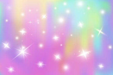 Fantasy unicorn background with glitter. Princess holographic backdrop with shiny sparkles. Iridescent beautiful colors. Trendy hologram template. Vector illustration.