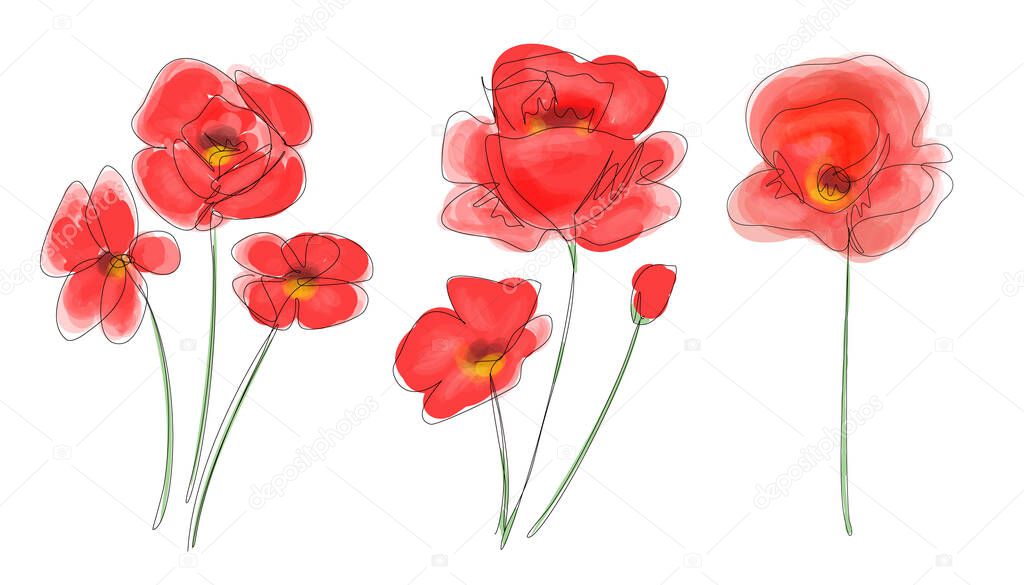 Poppies flowers in digital watercolour and continuous line drawing. Red poppy collection. Outline simple artwork with editable stroke. Vector illustration.