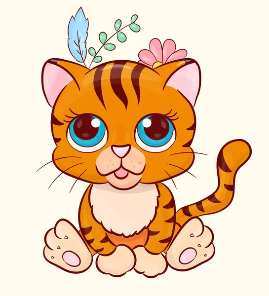 Cute Tiger Character Made Cartoon Style Wild Baby Cat Big — Vector de stock