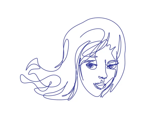 Girl Face Big Eyes Continuous Line Drawing Sketchy Woman Portrait — Stock Vector