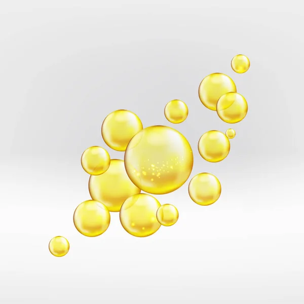 在灰白色背景下分离出的金血油滴 黄色胶原蛋白泡沫 具有闪光和灯光成分 有倒影的金色乳液 矢量说明 — 图库矢量图片