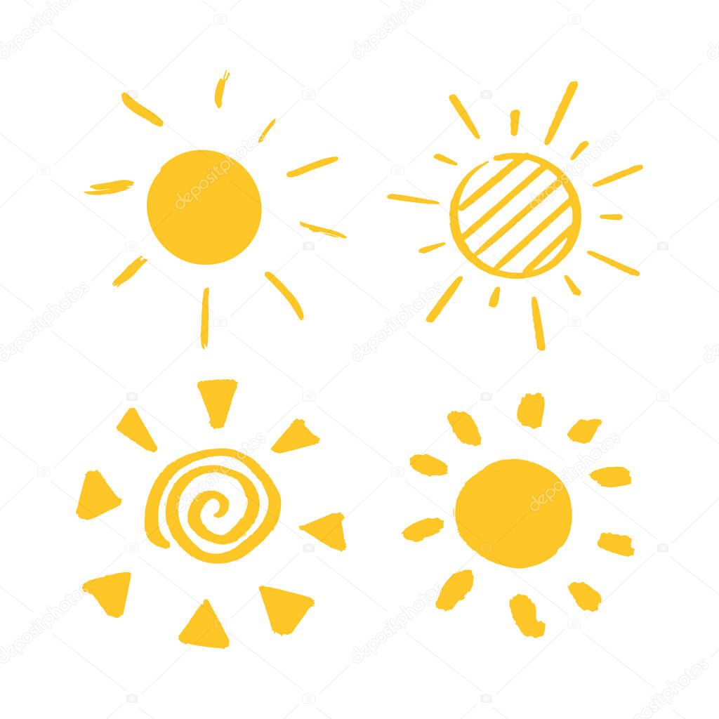 Doodle sun icon set. Hand drawn summer elements. Happy cute sunny art. 