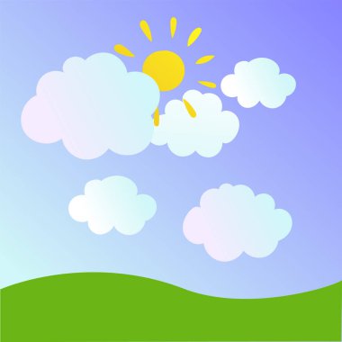 Gökyüzü ve bulutlu çizgi film alanı. Yeşil manzara. Çocuk tarzı. Vektör İllüstrasyonu.