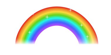 Beyaz arka planda izole edilmiş ışıltılı gökkuşağı. Şeffaflığı olan bir fantezi kemeri. Parlak dekoratif unsur. Vektör illüstrasyonu.