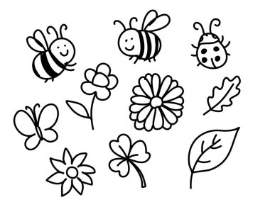 Beyaz arka planda karalama çiçekli elementler var. Yaz çiçeği süsü. Basit tasarım.