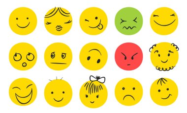 Yüz karakteri beyaz arkaplanda izole edildi. İnsanların duygularını karala. Çizgi roman tarzı. Vektör illüstrasyonu.