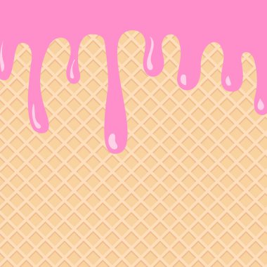 Karikatür tarzında erimiş dondurma. Waffle desenli çilekli krema. Şekerli bisküvi. Vektör illüstrasyonu.