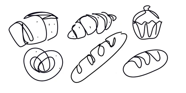 Хліб Стилі Безперервної Лінії Мистецтва Ескізний Круасан Торт Крендель Булочка — стоковий вектор