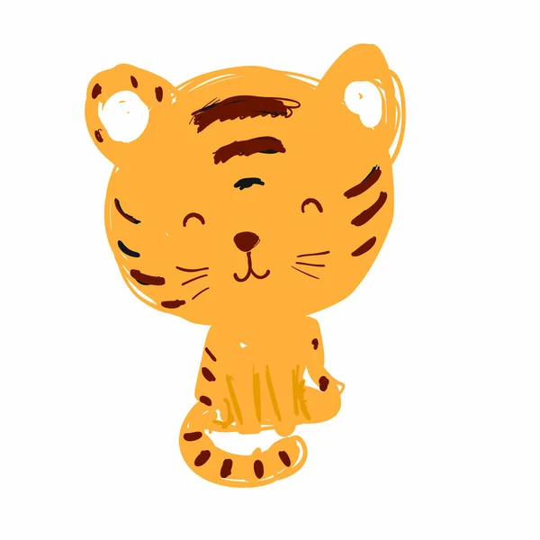 Doodle Tigre Sentado Jodiendo Sus Ojos Pequeño Gato Rayas Salvajes — Vector de stock