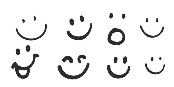 Feliz Doodle Coleção Smiley Isolado Fundo Branco Caras Simples Conjunto —  Vetores de Stock