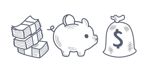 Ícone Dinheiro Doodle Definido Isolado Fundo Branco Piggy Bank Telemóvel —  Vetores de Stock