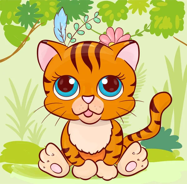 ジャングルの漫画虎の文字 愛らしい野生の猫 漫画アート ベクターイラスト — ストックベクタ