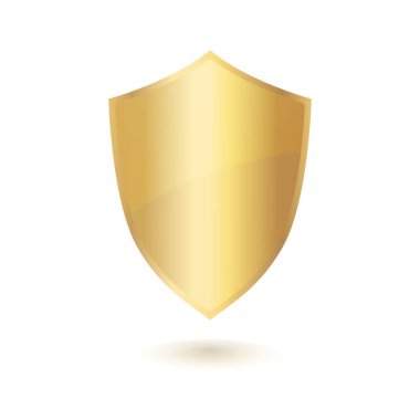 Altın kalkan beyaz arka planda izole edilmiş. Koruma işareti. Camsı zırhın vektör çizimi.