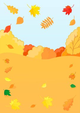 Çizgi film tarzında sonbahar arkaplanı ve düşen yapraklar. Renkli duvar kağıdı. Vektör illüstrasyonu.